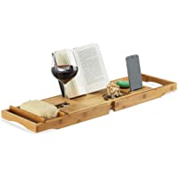 Relaxdays Bandeja para Bañera Extensible con Atril- Bambú- Beige- 19 x 107.5 x 23 cm